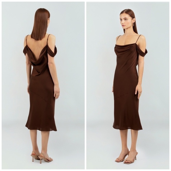 Fame And Partners The Elyse Dress Matte Satin Dark Chocolate Draped Size 4 - Picture 2 of 14